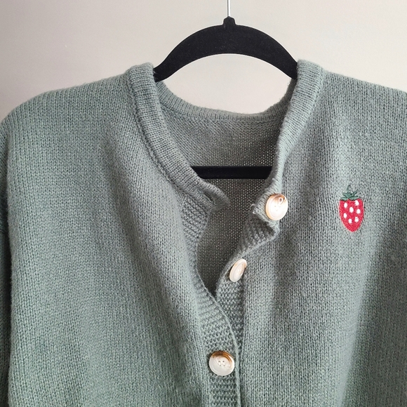 Sage Green Cropped Strawberry Cardigan - Picture 2 of 12